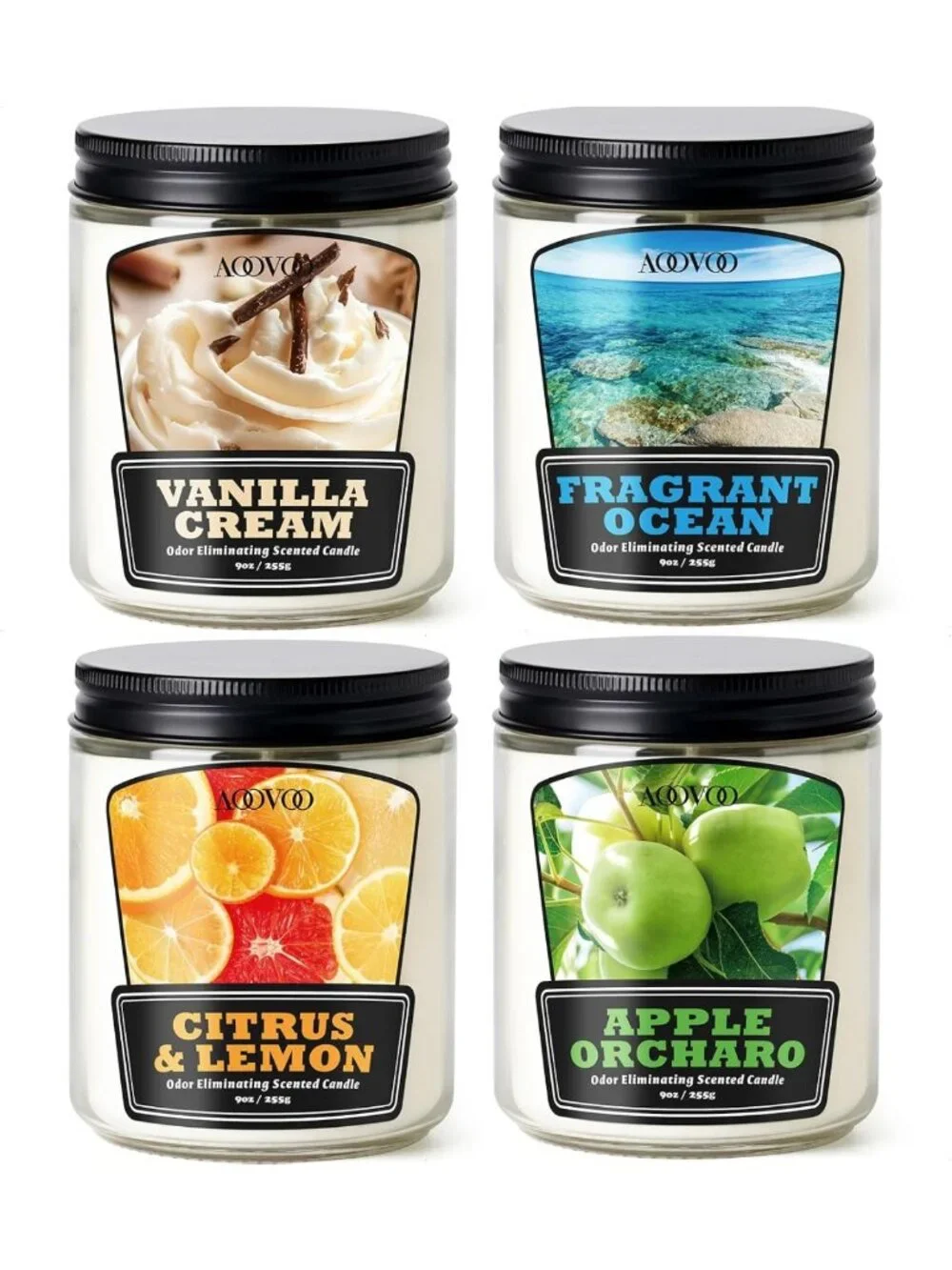 Odor Eliminating Soy Candle Set - 4 Pack, Non-Toxic, Long Lasting, Freshens Home